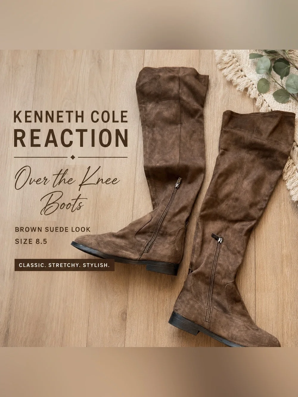 Kenneth Cole Reaction Brown Suede Over The Knee Stretch Boots Size 8.5